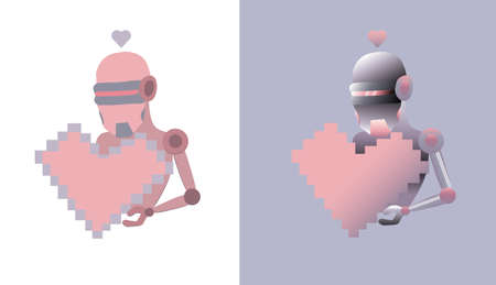 Robot holding a pixelated rose heart. Love day vector. Futuristic ideaのイラスト素材