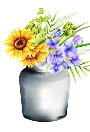 Watercolor ceramic vase with sunflowers, morning glory and artichoke, green leaves. Spring vectorのイラスト素材