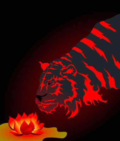 Dark tiger with vibrant red stripes approaching a glowing lotus flower. Abstract reborn idea. Vectorのイラスト素材