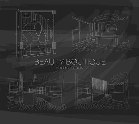 Set of beauty boutique interior outline sketch with modern designのイラスト素材