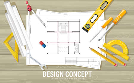 Blueprint design concept with architect tools on wooden table. Ruler, compass, screwdriver, spirit level, calculator, pencil and wrench.のイラスト素材