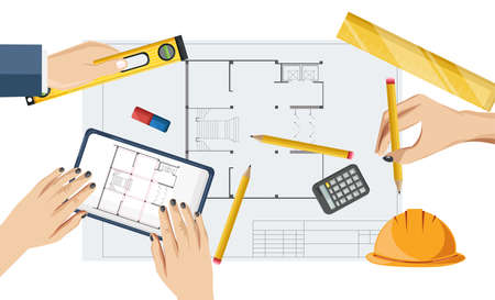 Architect hands drawing a blueprint with rulers, compass and pencil, bubble level, yellow helmet on...