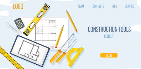 Construction site template with architect tools and blueprint. Ruler, screwdriver, spirit level, calculator, pencil and wrench. Yellow warning tape. Vectorのイラスト素材