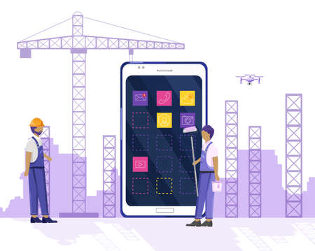 Construction workers building city with crane and using smart phone technologyのイラスト素材