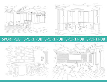 Outline sketch set of a modern sport pub with big chairs and tv on wall.のイラスト素材