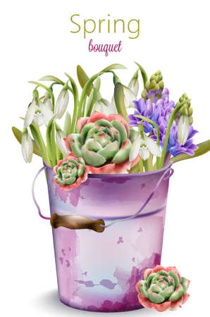 Spring bouquet of flowers in bloom. Bluebell, lavender, peony. Old purple painted bucket. Vectorのイラスト素材