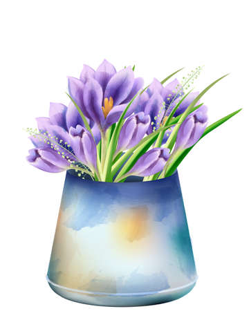 Watercolor spring bouquet of orchid flowers in a blue old vase. Vectorのイラスト素材