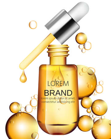 Serum oil golden bottle with yellow drops. Place for brand or text. Product placement. Label design package. Vectorのイラスト素材