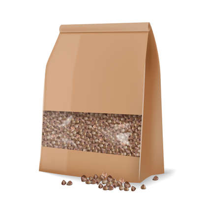 Buckwheat package isolated vector realistic. 3d detailed product package placementsのイラスト素材