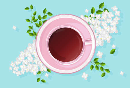 Rose cup of tea with white lilac flowers and green leavesのイラスト素材