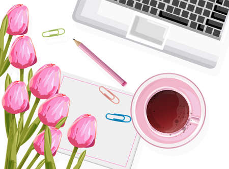 Dream designer workplace composition with rose tulip flowers, tea cup and pencil. Vectorのイラスト素材