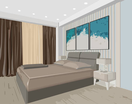 Bedroom concept interior with modern design bed and paintings. Vectorのイラスト素材