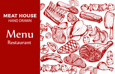 Line art meat set with sausage, steak, pork ribs and butcher knifeのイラスト素材