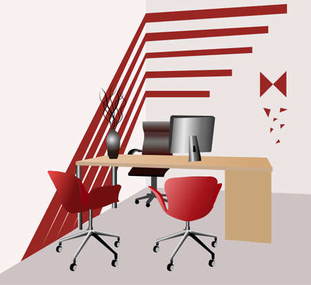 Three dimensional working space with flowers, computer and chairs for guests. Red color. Vectorのイラスト素材