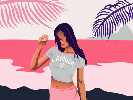 Colorful neon girl relaxing on shore. Pink water and palm leaves. Abstract romantic Vectorのイラスト素材