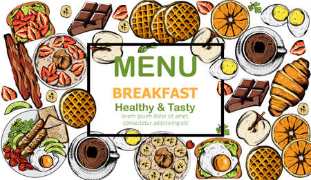 Healthy and tasty breakfast set with multiple food and drinks