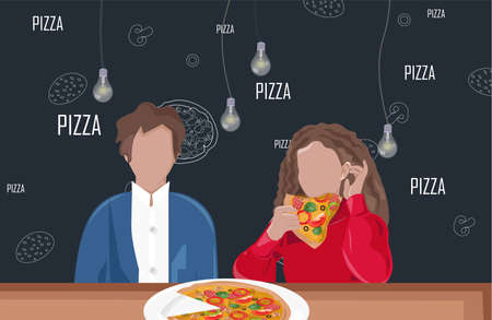 Man and woman on a date at a pizza restaurant Vector flat styleのイラスト素材