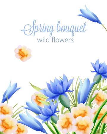 Spring watercolor bouquet of wild yellow and blue flowers.のイラスト素材