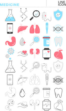 Set of medicine line icons. Flask, lungs, DNA, liver, mobile phone and watch app, heart, bacterias. Vectorのイラスト素材