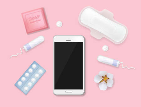 Set of female menstrual cycle hygiene products. Phone with calendar, sanitary napkin, tampons,...