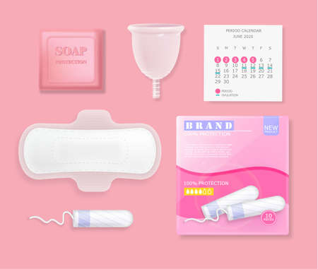 Set of female menstrual cycle hygiene products. Sanitary napkin, tampons, pills, calendar, package. Flower decoration. Pink background Vectorのイラスト素材