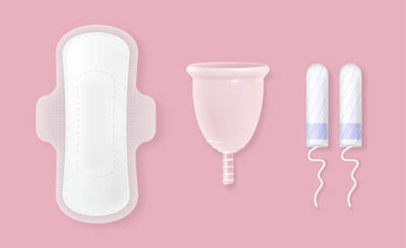 Set of female menstrual cycle sanitary napkins, tampons and cup on rose background. Vectorのイラスト素材