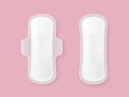 Set of female menstrual cycle sanitary napkins on rose background. Vectorのイラスト素材