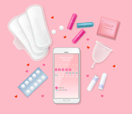 Set of female menstrual cycle hygiene products. Phone with calendar, sanitary napkin, tampons, pills, flowers, hearts. Pink background. Vectorのイラスト素材