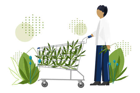 Young man shopping cannabis leaves in a trolley cart. Vectorのイラスト素材
