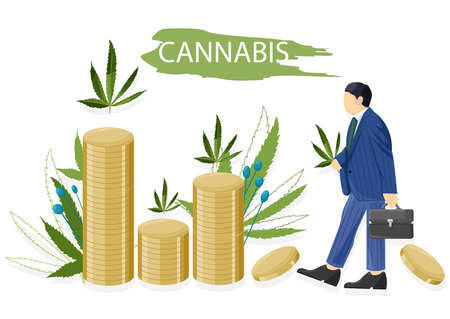Businessman in blue clothes making money selling cannabis leaves. Vectorのイラスト素材