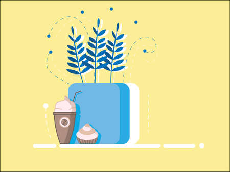 Flat style cup of coffee with whipped cream and cupcake. Blue flowers pot. Yellow backgroundのイラスト素材