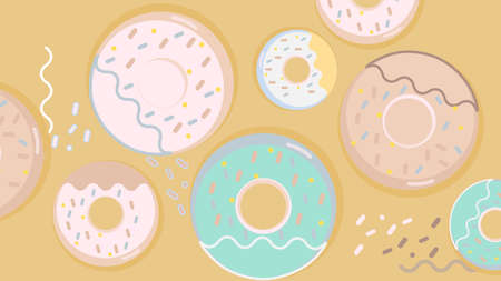 Colorful donuts set with sugar strands on beige background. Big and small size. Vectorのイラスト素材