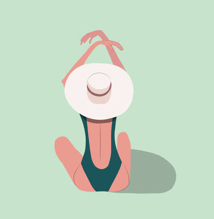 Beautiful young lady in swim suit with hat stretching hands. Yoga workout. Turquoise background. Vectorのイラスト素材