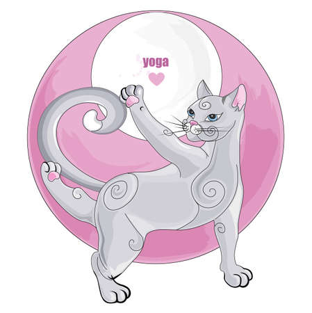 White cat meditating in yoga pose with rose abstract element on background. Vector setのイラスト素材