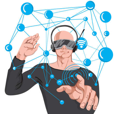 Man using advance technology VR glasses. Cartoon bald man in black sunglasses and headphones making wireless internet connectionのイラスト素材