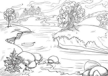 Flowing river with a empty boat in it surrounded by trees, rocks and grass, with a castle in background. Vectorのイラスト素材