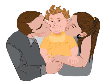 Mother and father are kissing their little kid on his cheeks. Vectorのイラスト素材