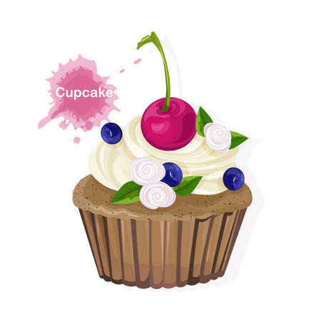 Brown cupcake with white cream ornaments, cherry, blueberries and flowers. Vector
