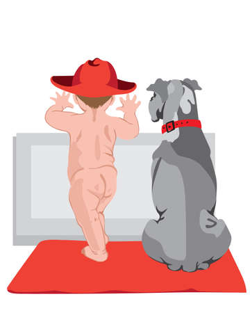 Bare skin baby with red hat and a dog with red collar watching the white background. Red carpet. Vectorのイラスト素材