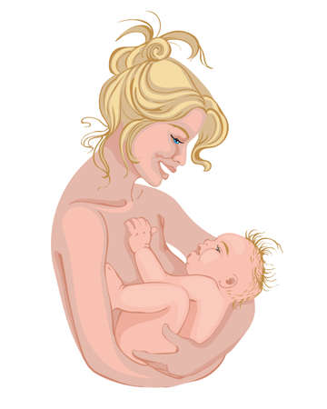 Naked blonde mother smiling and holding her baby. Vectorのイラスト素材