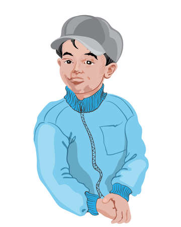 Young boy in white shirt posing. Black hair. Drawing. Vectorのイラスト素材