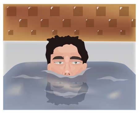 Young man sunken in bathtub. Water reflection. Relaxation. Vectorのイラスト素材