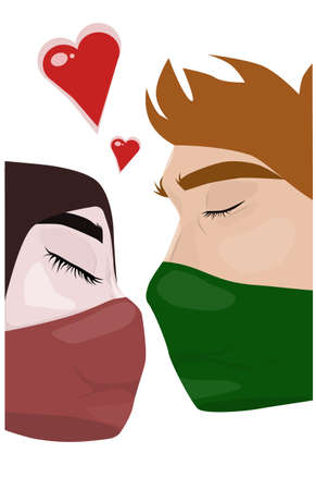 Young couple in masks trying to kiss each other. Hearts flying. Vectorのイラスト素材