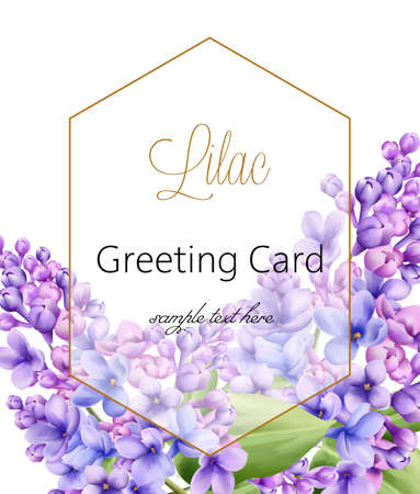 Lilac flower with green leaves and golden hexagon frame. Greeting card with place for text. Vectorのイラスト素材