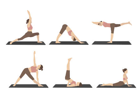 Set of woman performing yoga poses in brown sport clothes. Cartoon. Vectorのイラスト素材