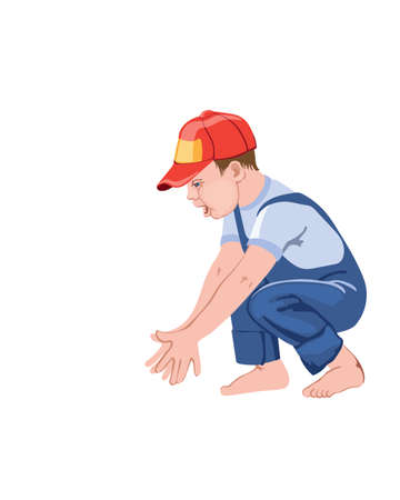 Happy little boy child clapping hands while squatting. Playing with something. Red cap and blue overallのイラスト素材