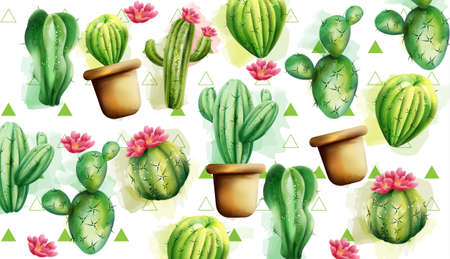 Cactus pattern with green triangles in background. Pink flowers on top. Vector