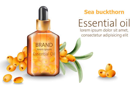 Transparent glass bottle of sea buckthorn essential oil with place for text. Watercolor Vectorのイラスト素材