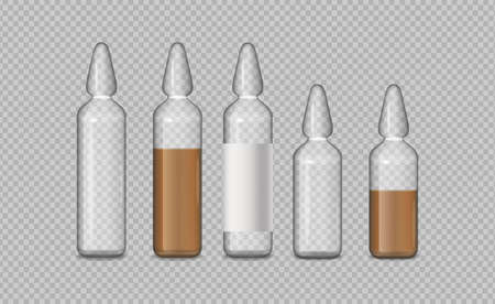 Glass tubes medicine vector realistic. Advertise banner medical pile of different treatment 3d illustrationのイラスト素材