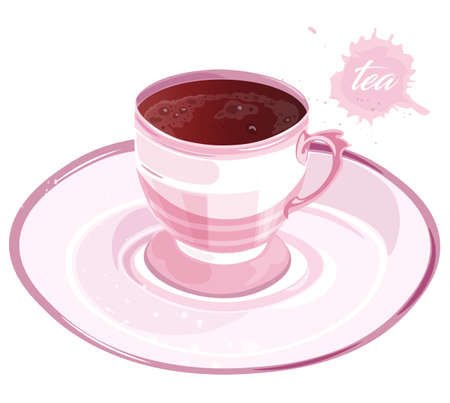 Pink cup of black tea on saucer. Elegant drinking. Vectorのイラスト素材